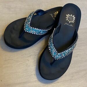 Yellow Box Africa Wedge Turquoise and Black Rhinestone Sandals - Size 6
